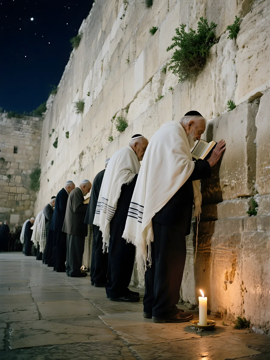 זקנים עטופי טלית מתפללים אל מול הכותל המערבי לאור נר בלילה